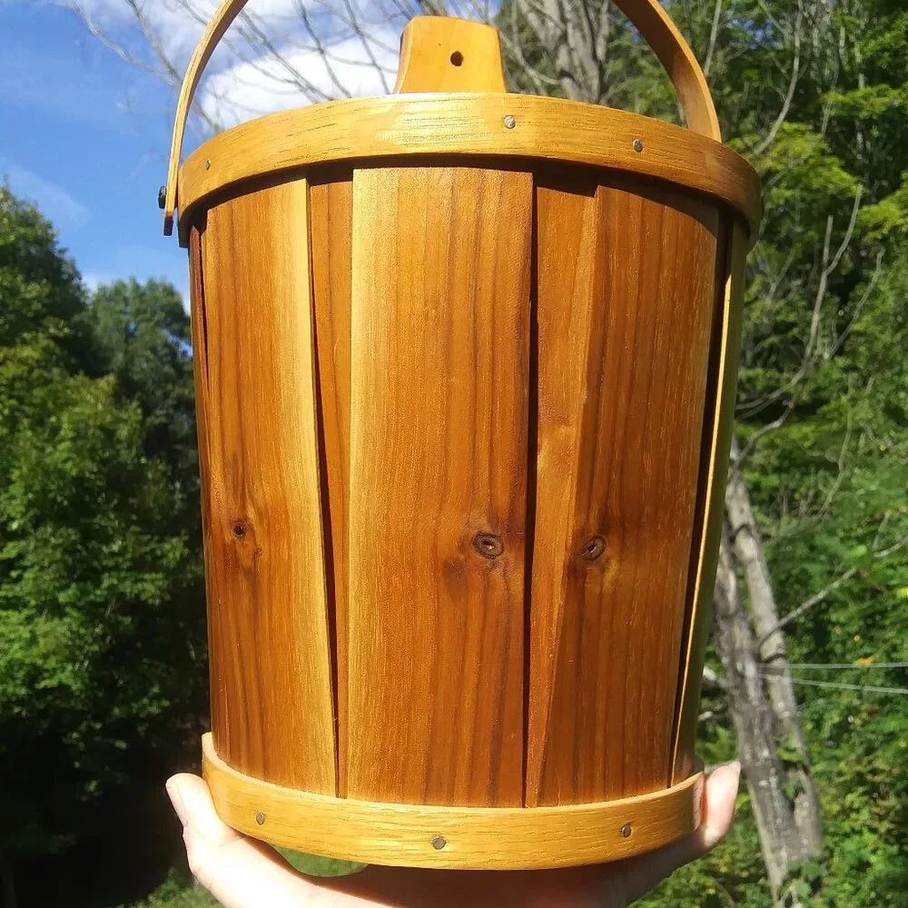 VTG hand crafted artist signed wood half bucket with handle primitive farmhouse